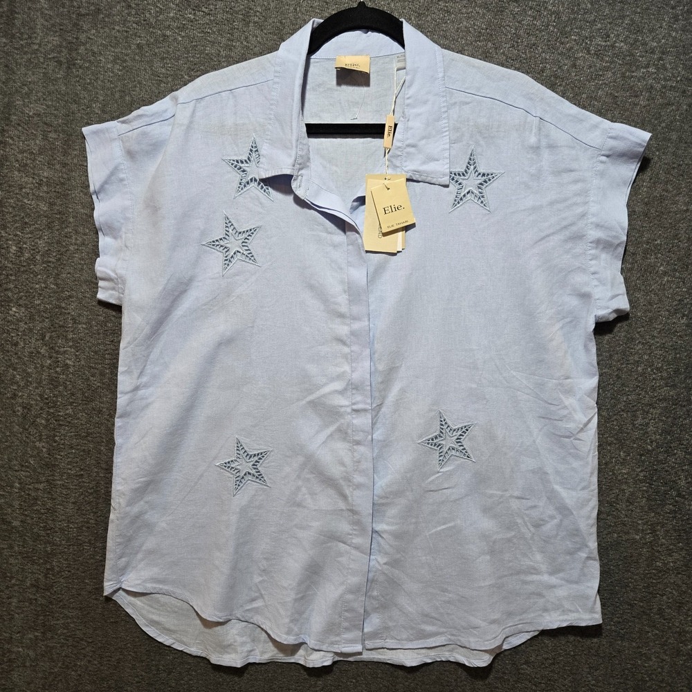 New Elie Tahari Shirt Top Size XL Light Blue Star Embroidered Linen Blend